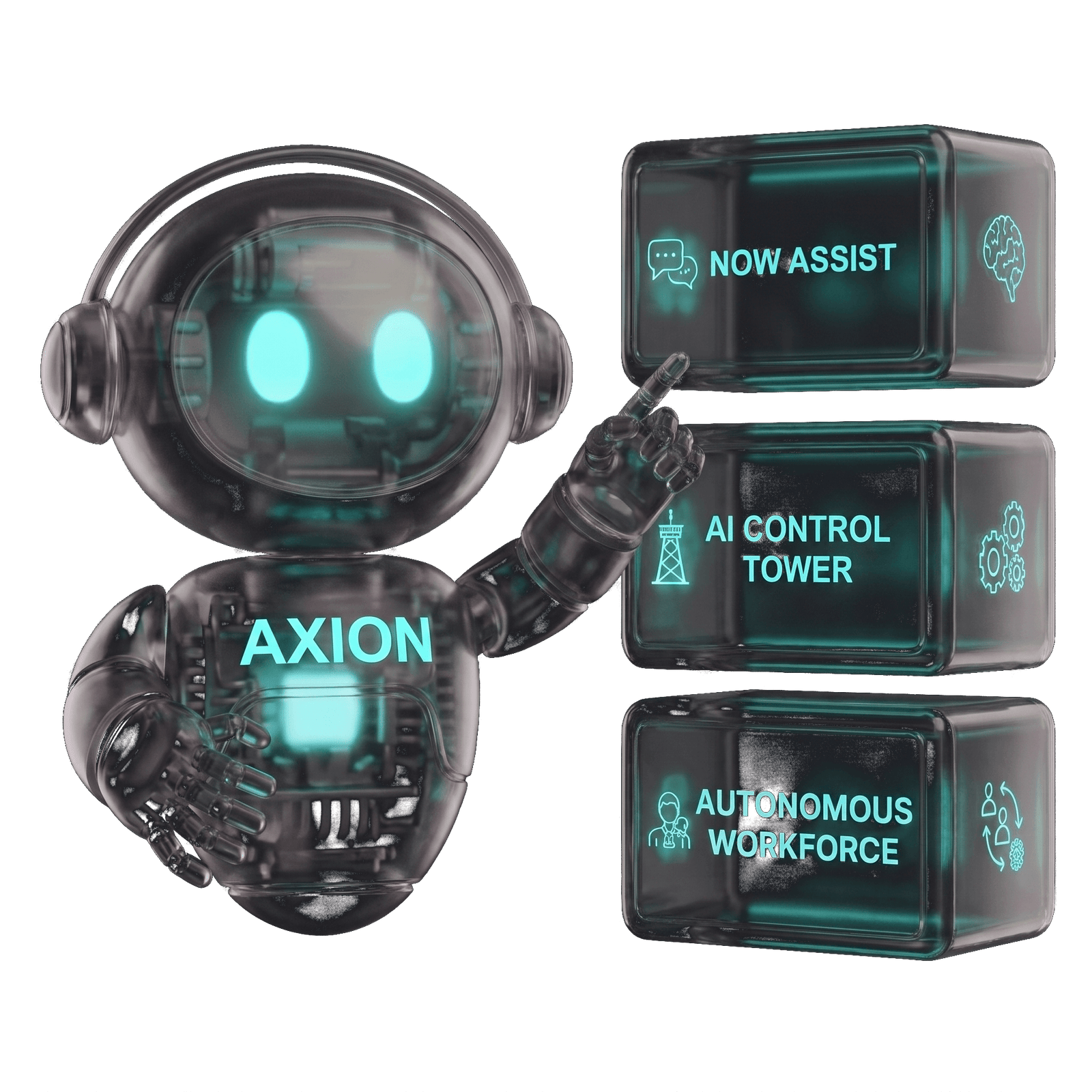 Axion, the site's assistant character, pointing at three panels: Now Assist, AI Control Tower, and Autonomous Workforce